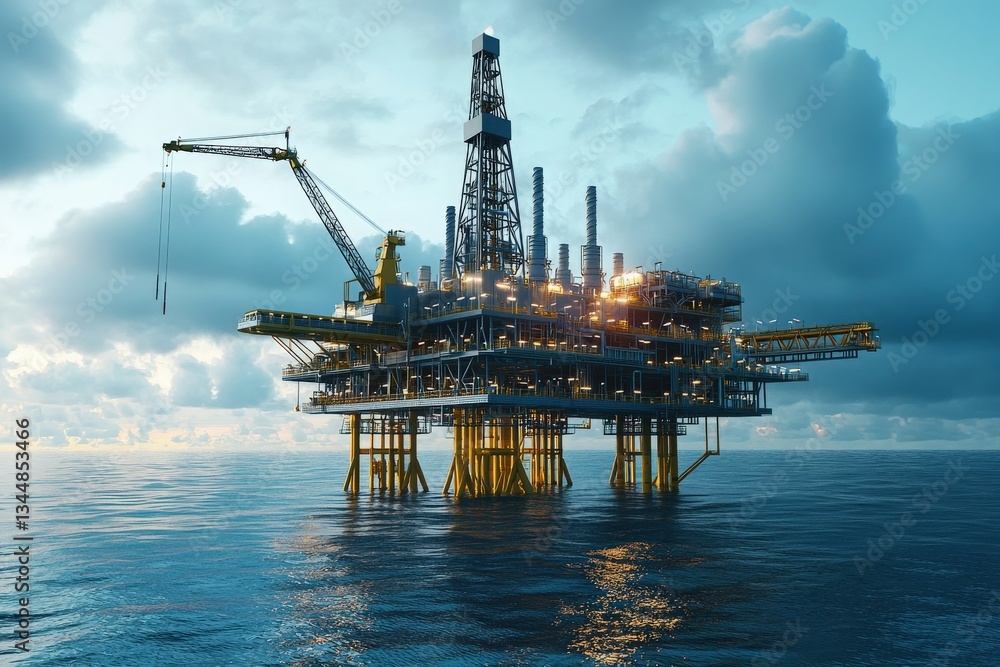 An offshore oil rig rises from the water, illuminated by bright lights as clouds gather overhead. The structure is surrounded by calm waves, emphasizing the industrial presence in nature.