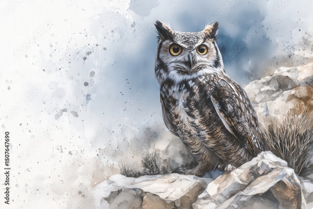 An owl sits confidently atop a rocky surface, displaying intricate feather patterns.