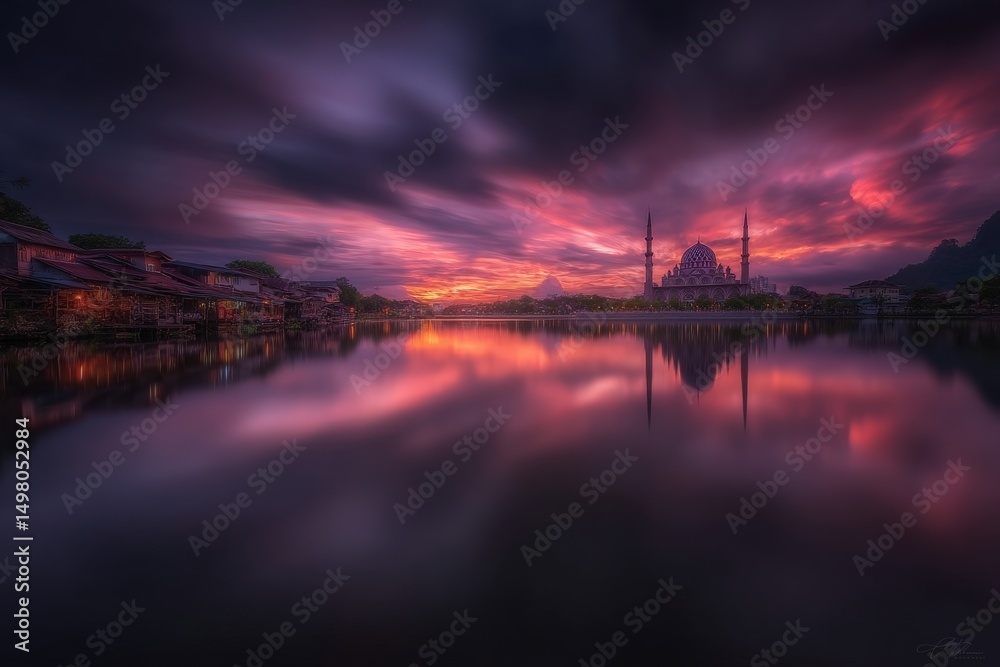 As the sun sets, vibrant hues of orange and purple reflect on the still lake, showcasing a breathtaking view of a mosque with minarets. The calm water enhances the serene atmosphere.