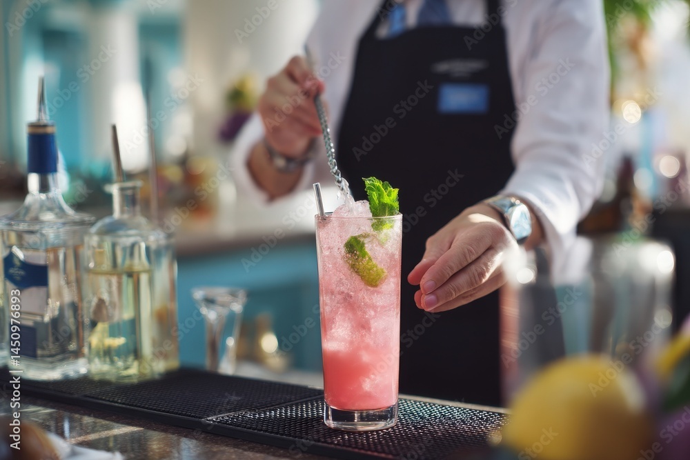 Behind the bar, a skilled bartender expertly mixes a vibrant cocktail. Crisp mint leaves and colorful ingredients are featured prominently as the drink is crafted with care.