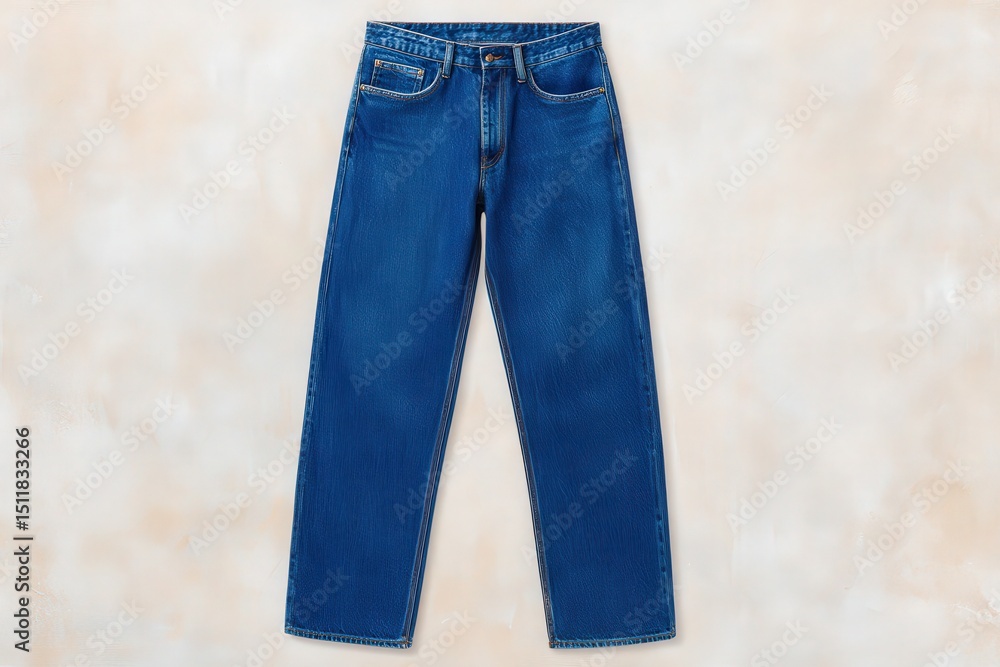 Blue straight leg jeans are displayed flat on a light-colored background, showcasing their timeless design and versatile style. Ideal for casual outfits in various settings and occasions.