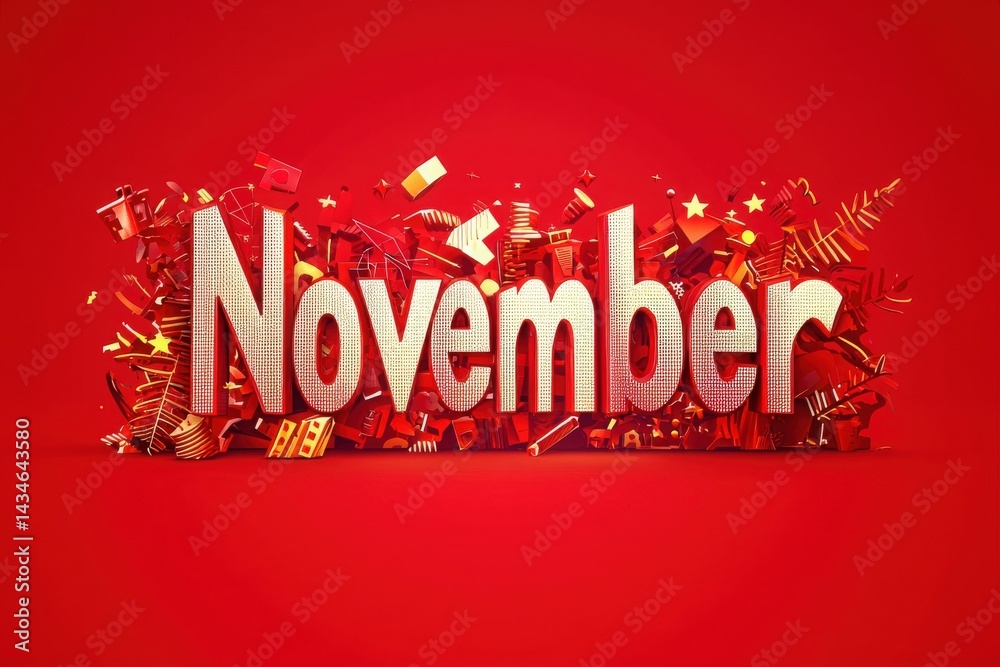 Bold and colorful, the month of November is represented by playful decorations and festive accents. Rich red background enhances the joyful vibe, inviting seasonal celebrations and gatherings.