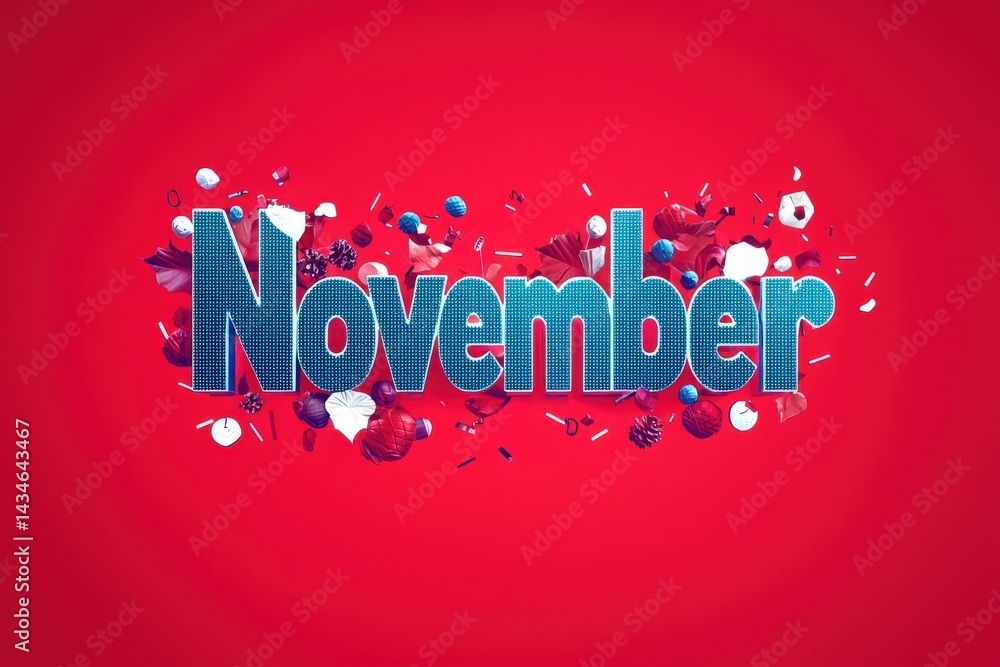 Bold and vibrant November design featuring colorful autumn leaves and decorative elements against a bright red backdrop. The design captures the essence of the fall season.