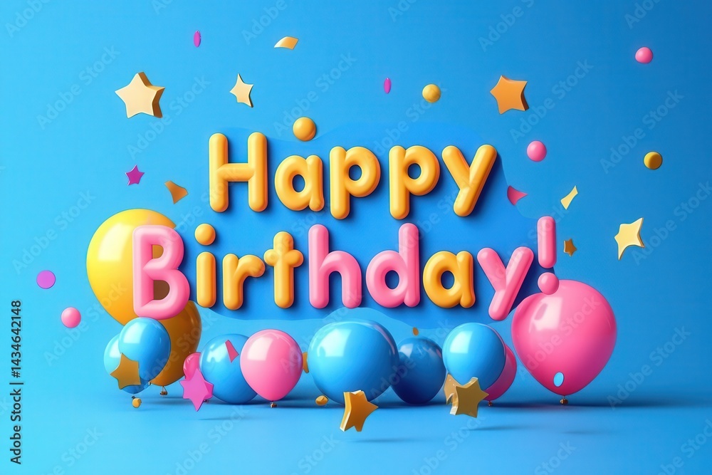Bright and cheerful birthday greeting featuring colorful balloons and stars on a blue background, creating a festive atmosphere for a joyful celebration.