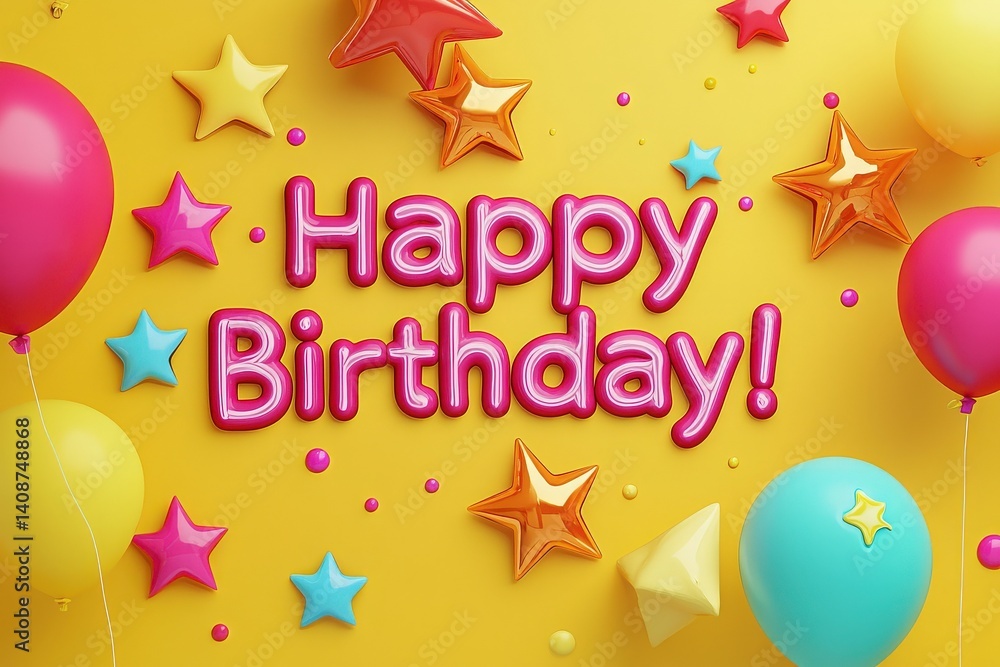 Bright and cheerful decorations create a festive atmosphere for a birthday celebration. Colorful balloons and shiny stars surround the bold Happy Birthday! message on a sunny yellow background.
