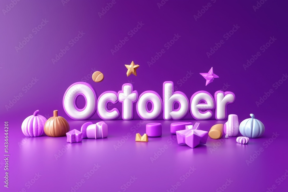 Bright and cheerful display featuring the word October in large letters, surrounded by various playful shapes like pumpkins, stars, and gift boxes on a vibrant purple backdrop.