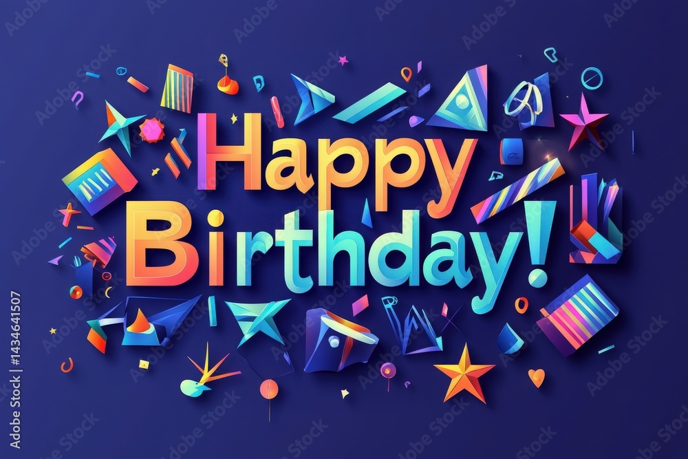 Bright and colorful birthday greeting features 3D lettering surrounded by various geometric shapes and stars on a deep blue backdrop, creating a festive and celebratory atmosphere.