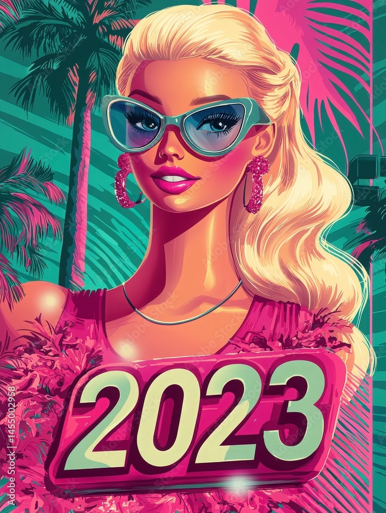 Bright and colorful illustration featuring a fashionable character in oversized sunglasses. Set against a backdrop of tropical palm trees, this artwork captures the essence of summer in 2023.