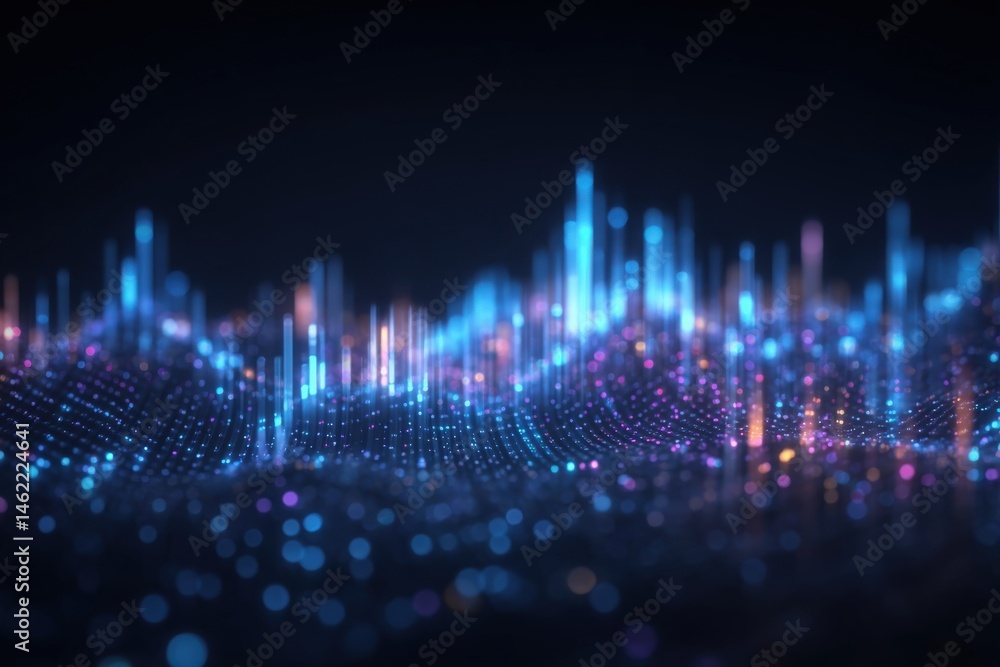 Bright and colorful patterns create a wave-like formation with blue, purple, and orange lights. The design gives an impression of sound waves or data visualization against a dark backdrop.