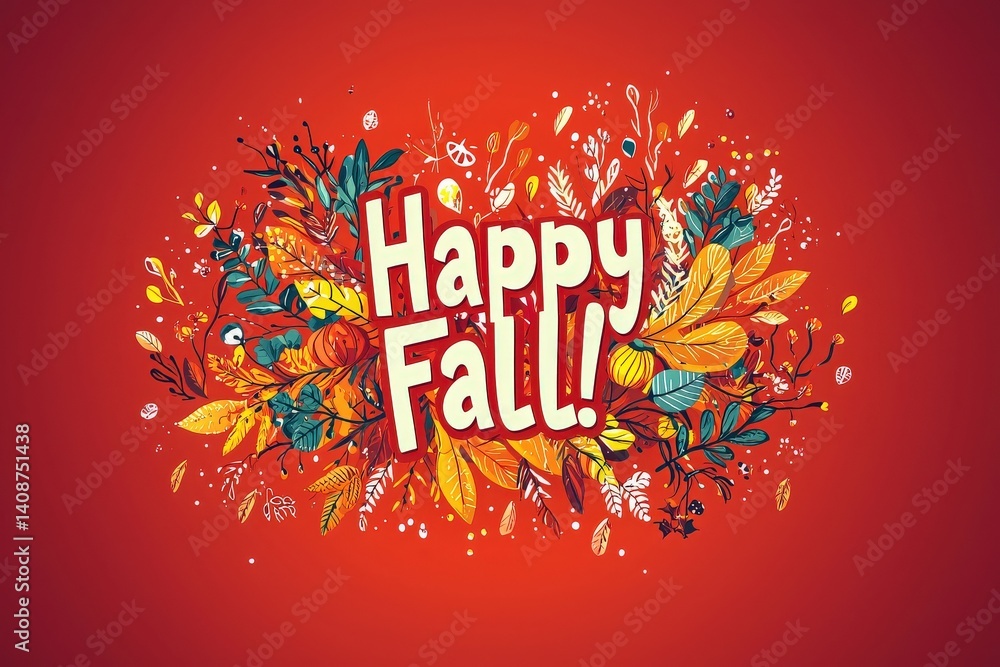 Bright and festive artwork showcases the phrase Happy Fall! adorned with colorful autumn leaves, flowers, and twigs against a warm red backdrop, evoking the spirit of the season.