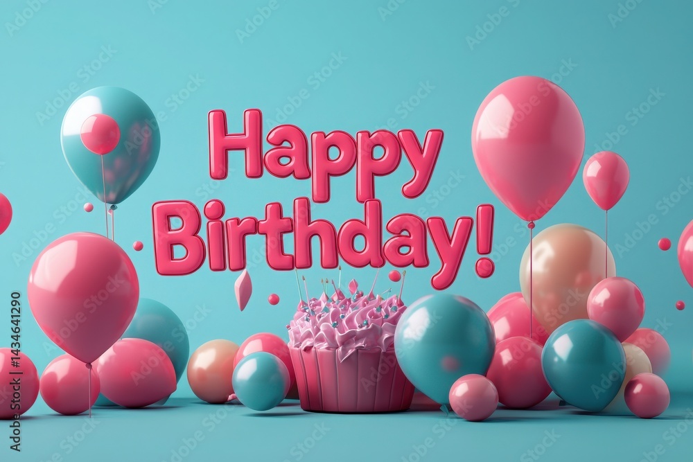 Bright and festive atmosphere features pink and blue balloons surrounding a cupcake with sprinkles. The cheerful backdrop sets a joyful tone for a birthday celebration.
