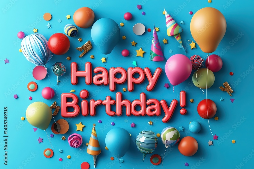 Bright and festive decorations create a joyful atmosphere for a birthday celebration. Colorful balloons, party hats, and stars are arranged around a cheerful birthday message.