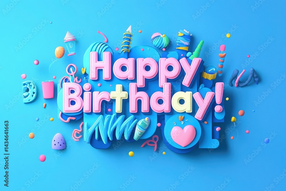 Bright and playful birthday-themed design featuring colorful letters, party elements, and vibrant decorations on a blue background. Perfect for celebrating special occasions and parties.