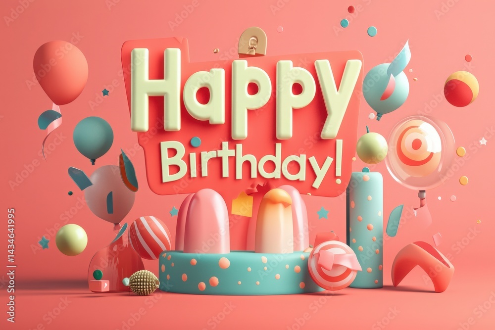 Bright and playful decoration features 3D shapes and balloons surrounding a bold birthday greeting. Colors are vibrant, creating a joyful atmosphere suitable for any birthday party.