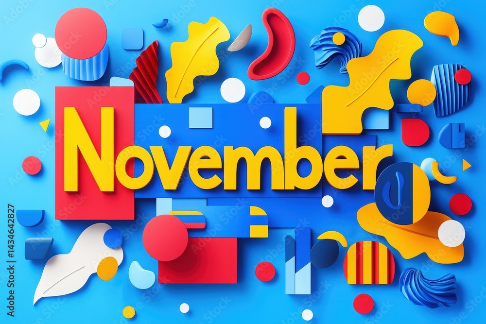 Bright and playful design showcases the word November in large yellow letters surrounded by various colorful geometric shapes. The vibrant blue backdrop enhances the lively composition.