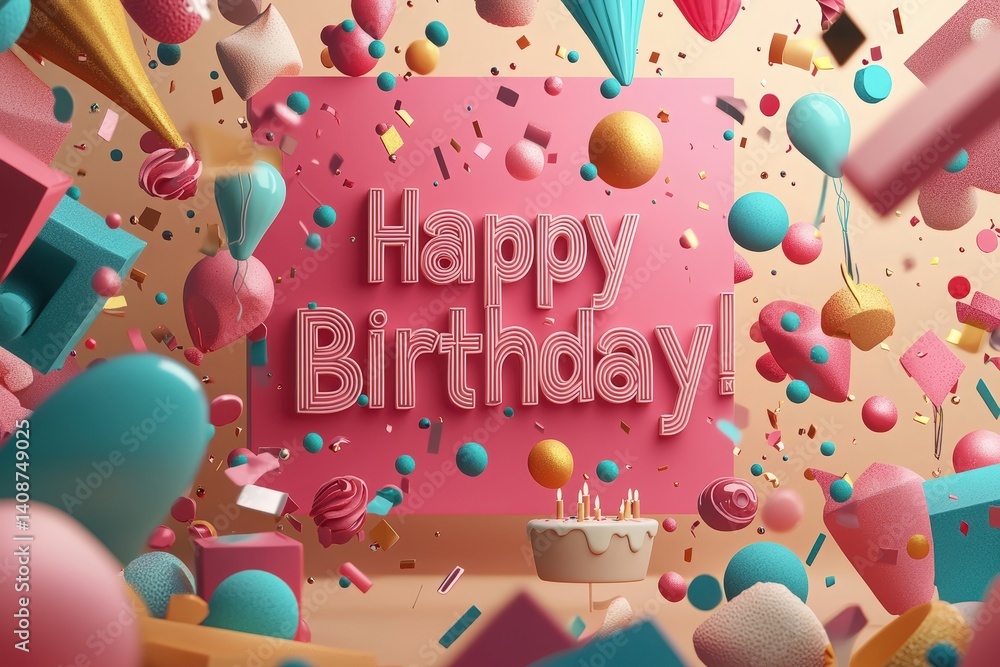 Bright and playful elements fill the space, showcasing a celebration theme. A cake with candles sits prominently, while balloons, confetti, and geometric shapes add to the festive atmosphere.