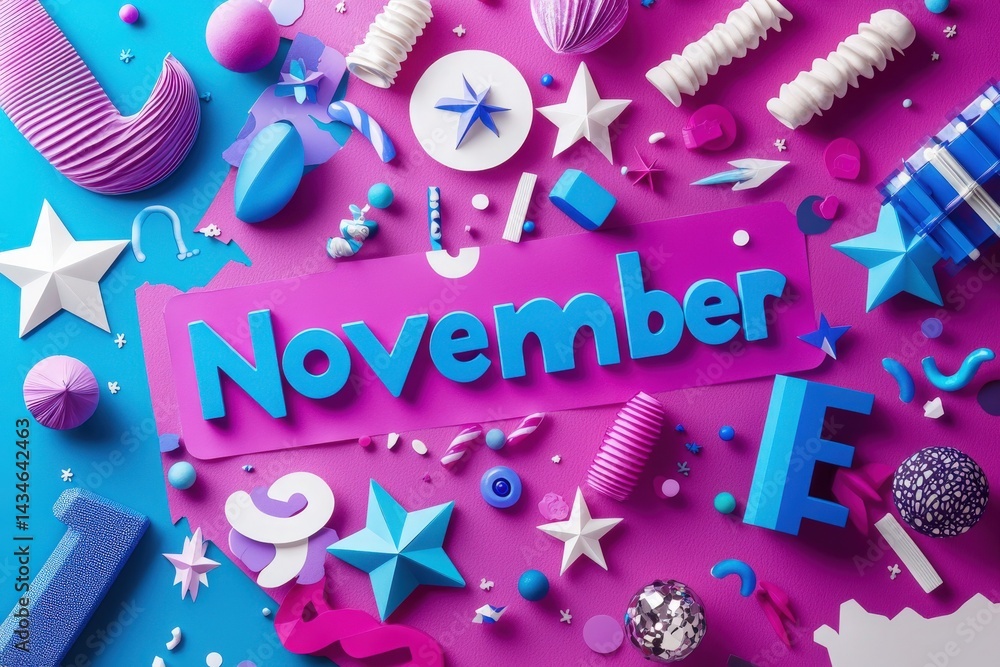 Bright and playful shapes in blue and pink create a festive display celebrating November. The arrangement includes stars, letters, and various geometric forms, enhancing the lively atmosphere.