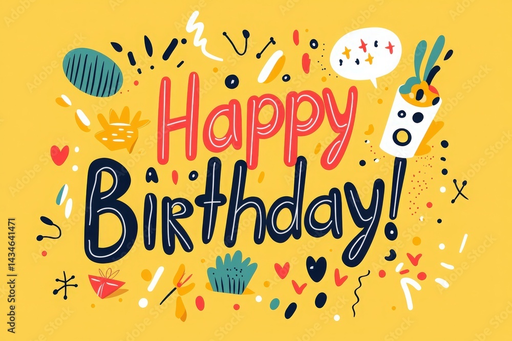 Bright and vibrant birthday greeting featuring decorative elements such as balloons, confetti, and playful designs. The celebratory message is prominently displayed, creating a joyful atmosphere.