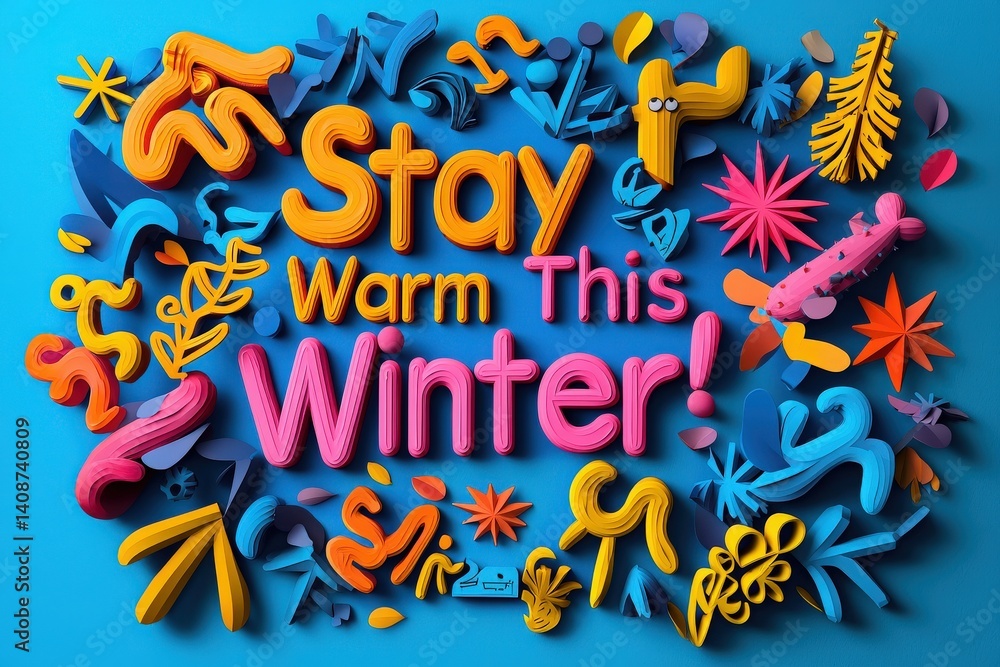 Bright and vibrant decorations showcase playful letters and whimsical elements. Various colors and shapes create a cheerful atmosphere, emphasizing warmth and fun during the winter season.