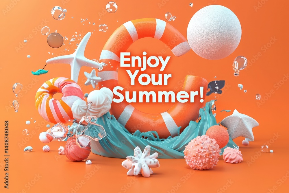 Bright and vibrant summer-themed decorations feature a life preserver and playful elements like seashells and bubbles against a warm backdrop. Perfect for capturing the spirit of summer fun.