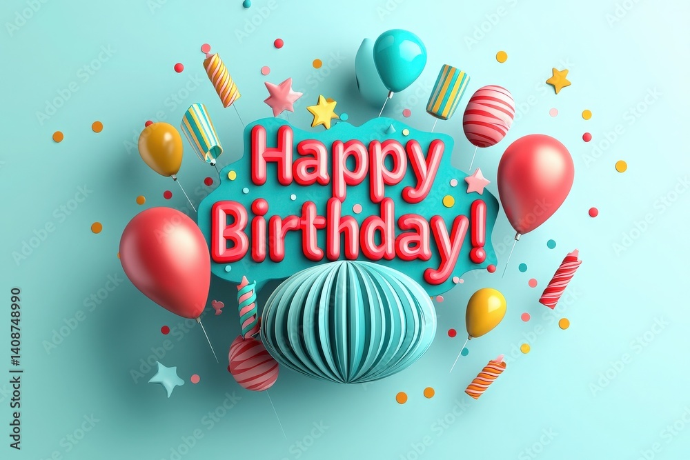 Bright balloons and playful decorations surround a cheerful Happy Birthday message against a light blue background, conveying a fun and festive mood perfect for a birthday celebration.