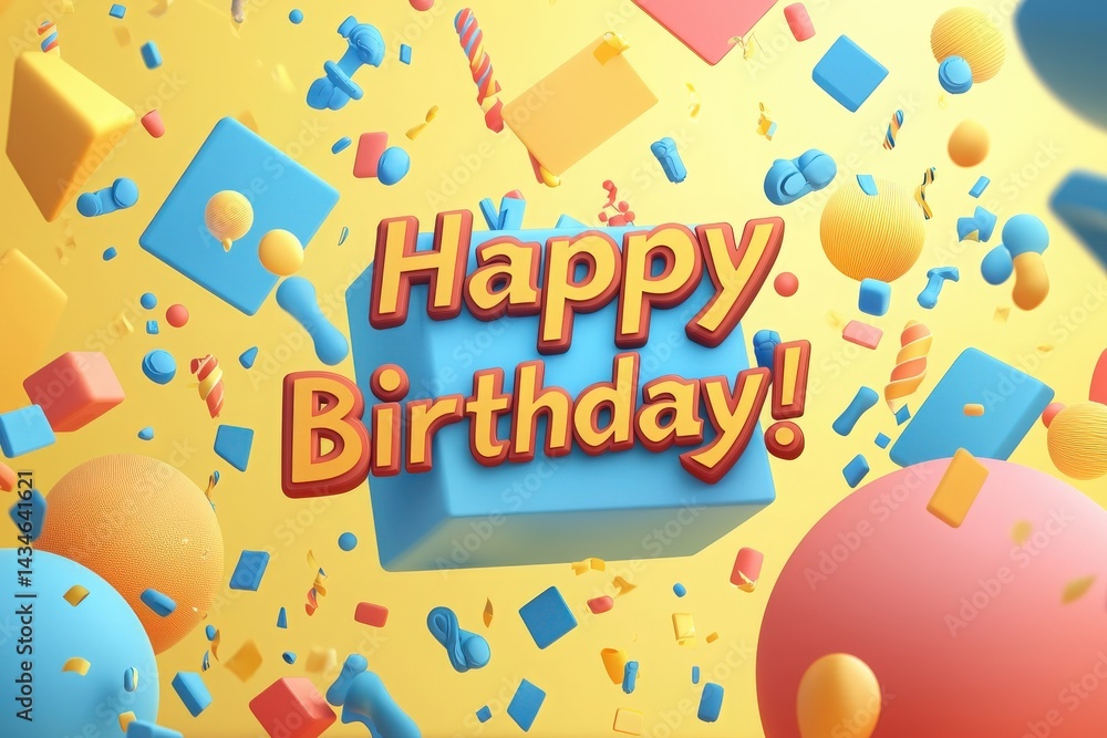 Bright balloons and playful geometric shapes float against a cheerful backdrop, showcasing a vibrant Happy Birthday message that adds to the joyful atmosphere of the celebration.