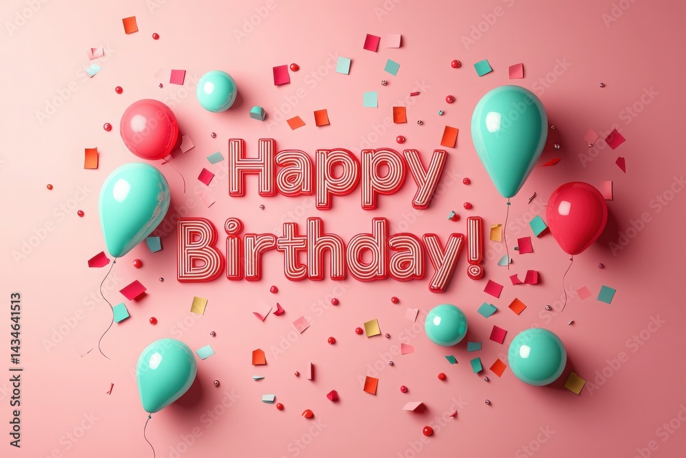 Bright balloons in red and teal surround a bold birthday greeting on a peach background, creating a festive atmosphere perfect for celebrating a special occasion with joy and excitement.