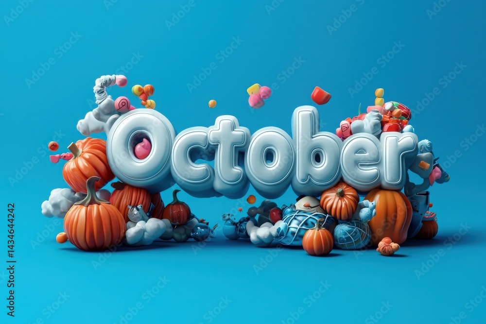 Bright blue background highlights the playful October theme with vibrant pumpkins, whimsical clouds, and colorful decorations. This lively arrangement captures the essence of autumn festivities.