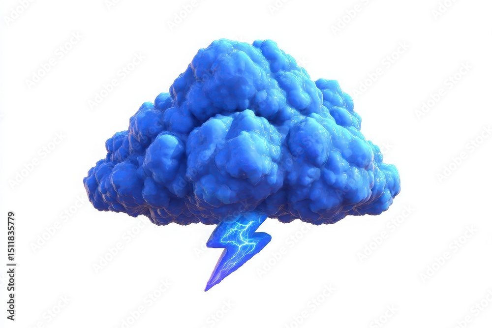 Bright blue thundercloud fills the center, showcasing distinct fluffy formations with shades of blue. A vivid lightning bolt strikes downward from the base, adding energy and drama to the scene.