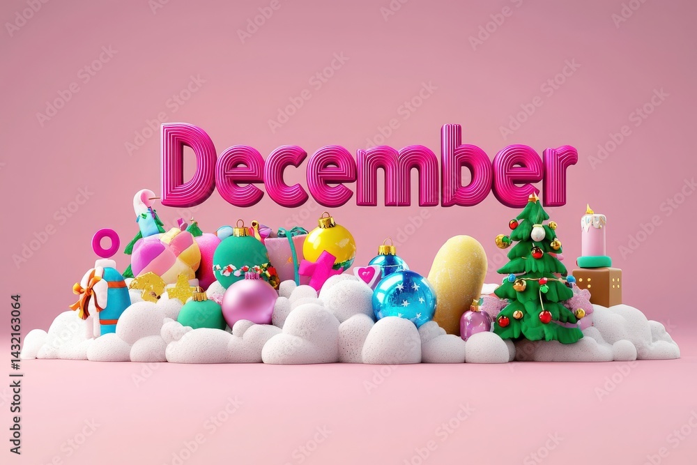 Bright decorations for December feature a vibrant Christmas tree, assorted gifts, and festive ornaments set against a soft pink background, creating a joyful holiday atmosphere.