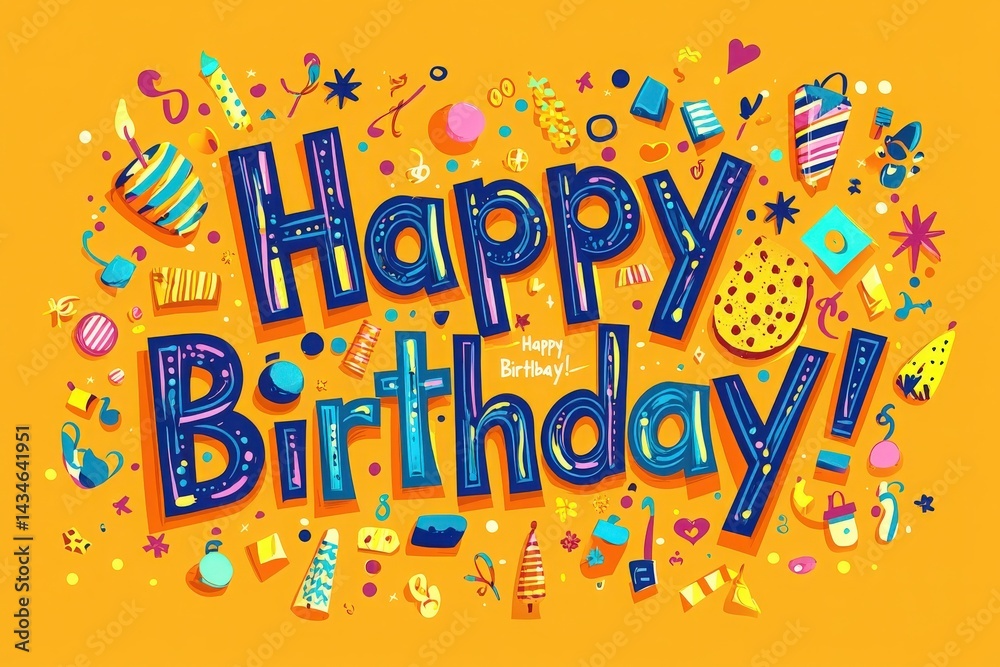 Bright graphics showcase a joyful birthday greeting, filled with vibrant colors and playful illustrations. The design features party hats, confetti, and gifts, creating a festive atmosphere.