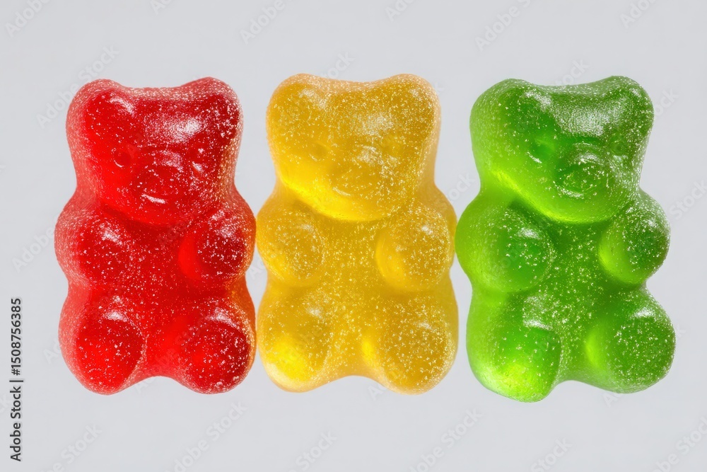Bright gummy bears in red, yellow, and green sit side by side against a plain backdrop. Their glossy texture and cheerful colors create an inviting and playful visual appeal.