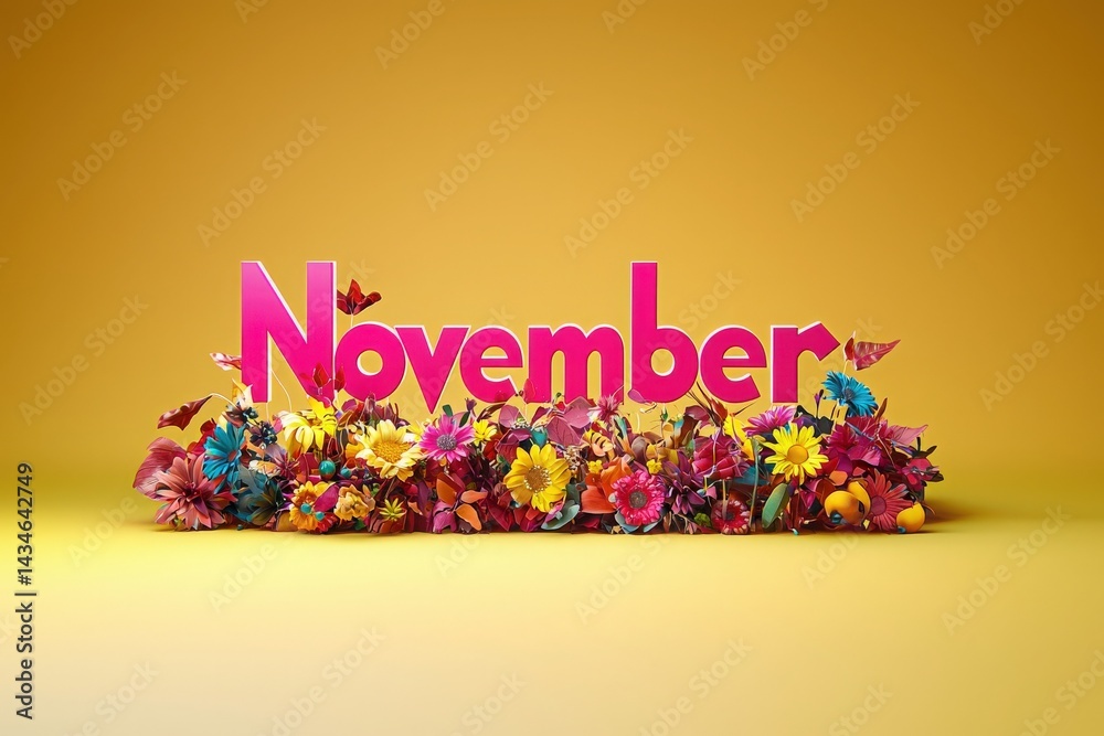 Bright lettering spells out November, surrounded by a lively arrangement of colorful flowers and butterflies. The cheerful composition radiates warmth and seasonal beauty, ideal for autumn themes.