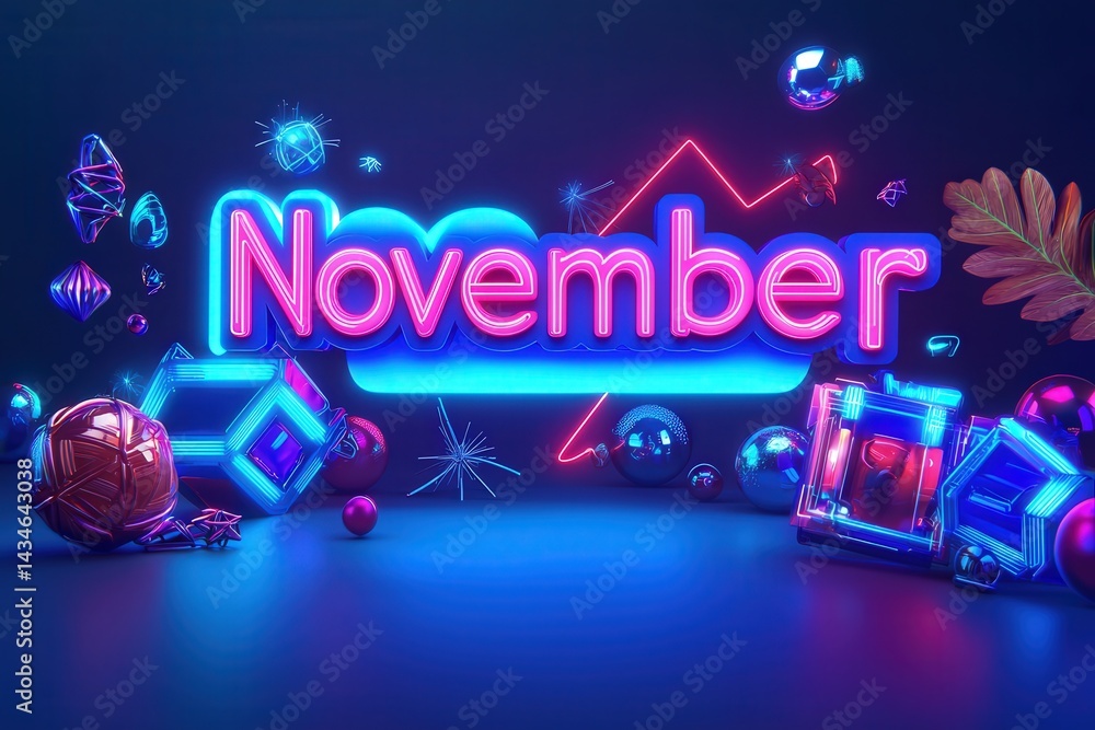 Bright neon lettering announces November amidst a vibrant backdrop featuring various geometric shapes and ornaments, creating a festive atmosphere perfect for celebration and joy.
