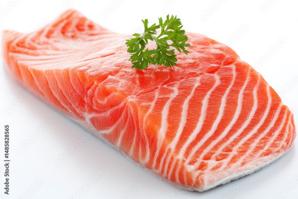 Bright orange salmon fillet rests on a smooth white surface, topped with a small sprig of fresh parsley. The texture highlights its freshness and quality, making it ideal for culinary use.