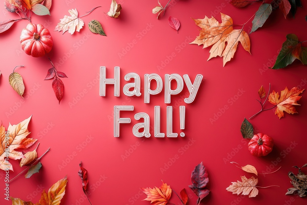 Bright red background features colorful autumn leaves and small pumpkins arranged around the text wishing a happy fall. This festive display captures the essence of the fall season with rich colors.