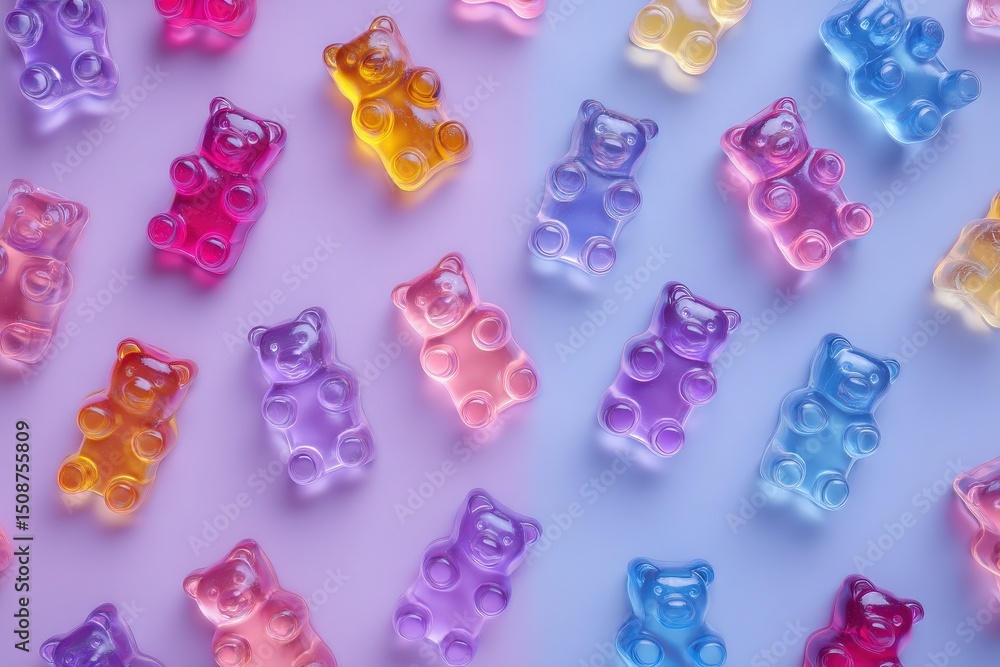 Bright, translucent gummy bears in various colors are evenly spread across a soft pastel background. The playful arrangement creates a cheerful and whimsical atmosphere, showcasing their charm.