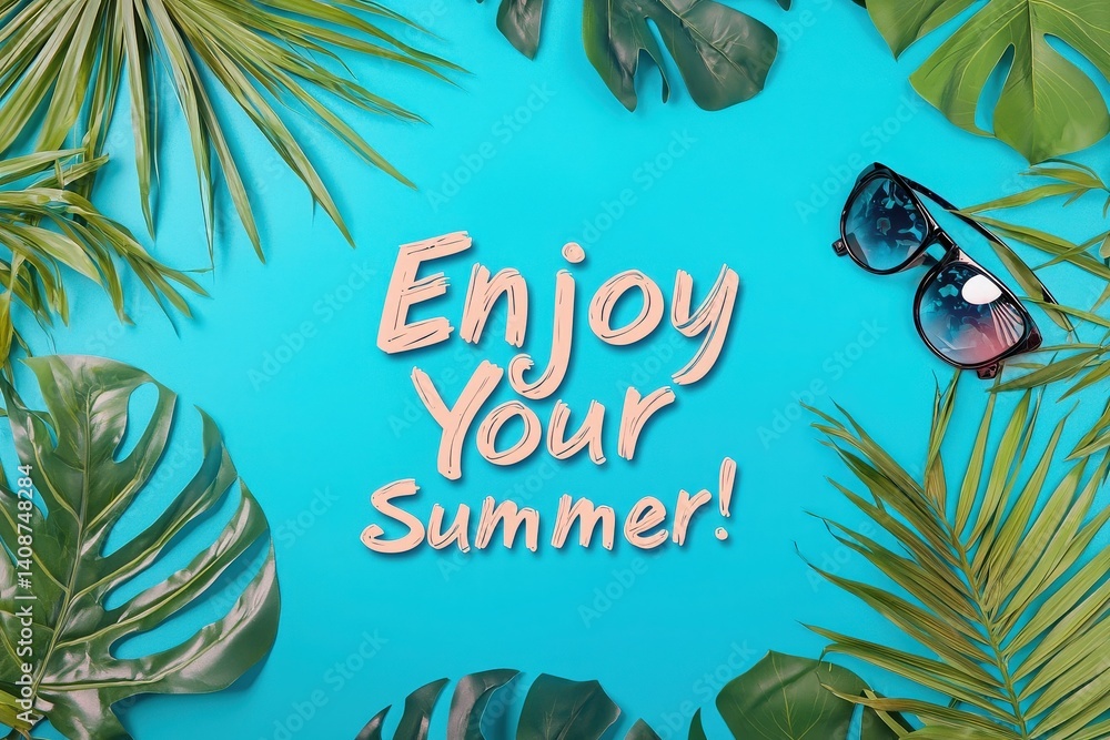 Bright tropical leaves surround playful lettering that encourages everyone to enjoy summer. Stylish sunglasses add a fun touch to this colorful arrangement, perfect for seasonal promotions.