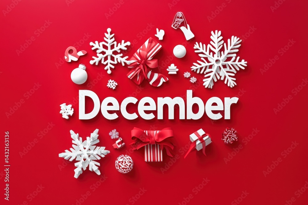Bright white snowflakes, red ribbons, and gifts surround the word December displayed prominently against a vibrant red background. The festive arrangement evokes holiday spirit and joy.