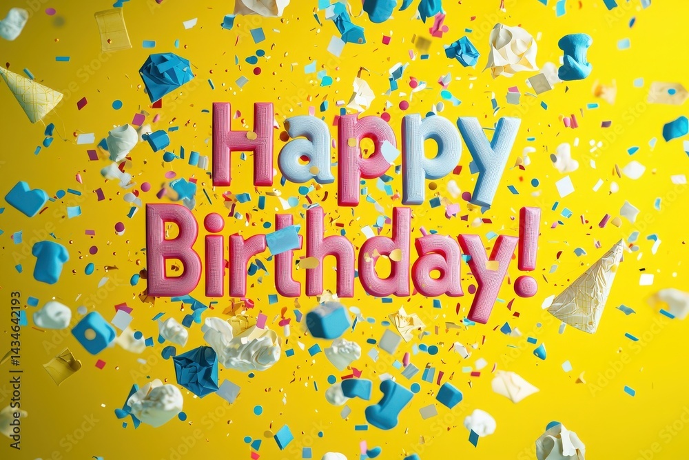 Bright yellow background with playful Happy Birthday text, surrounded by colorful confetti and decorations, creates a joyful atmosphere for any celebration.