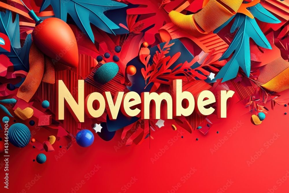 Brightly colored November decorations showcase an array of dynamic shapes, leaves, and ornamental elements against a striking red backdrop, emphasizing the autumn seasons spirit and warmth.
