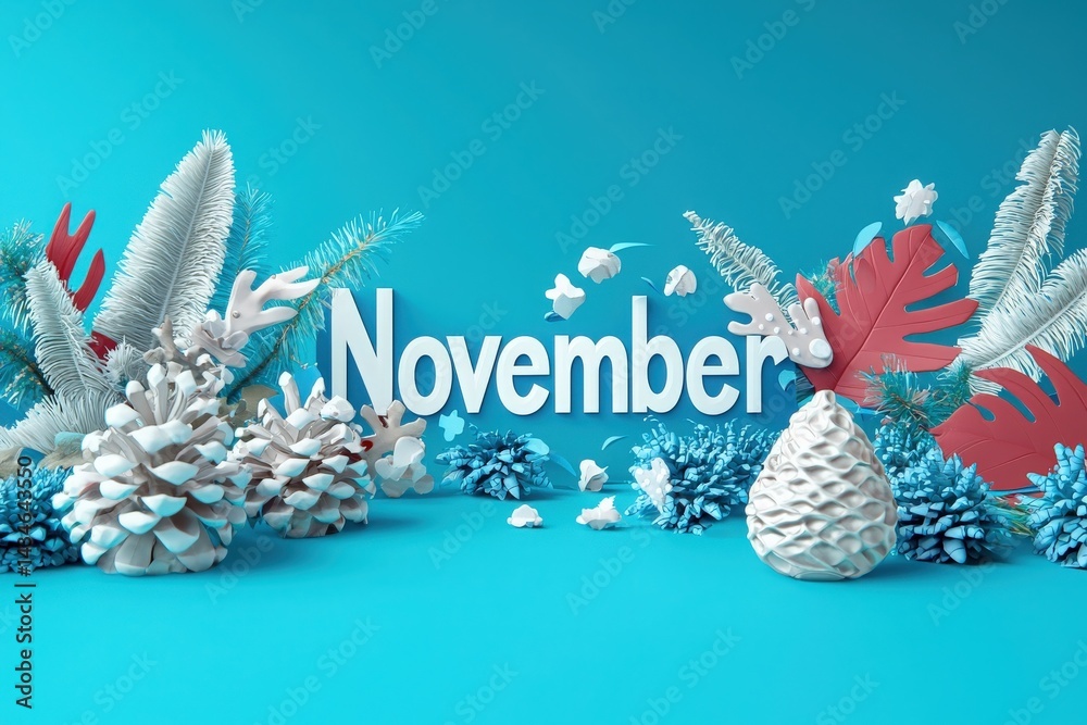 Brightly colored background features the word November surrounded by various festive decorations. Pinecones, colorful foliage, and winter plants create a cheerful autumn atmosphere.