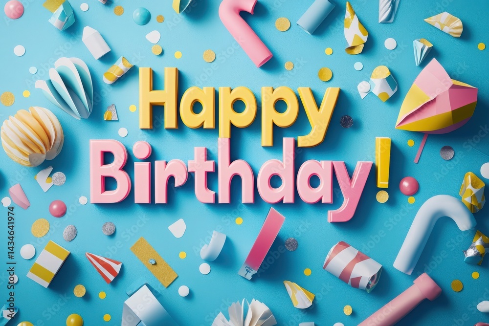 Brightly colored decorations including paper crafts and straws scatter across a blue surface, with a cheerful Happy Birthday! greeting prominently displayed in vibrant pink and yellow letters.