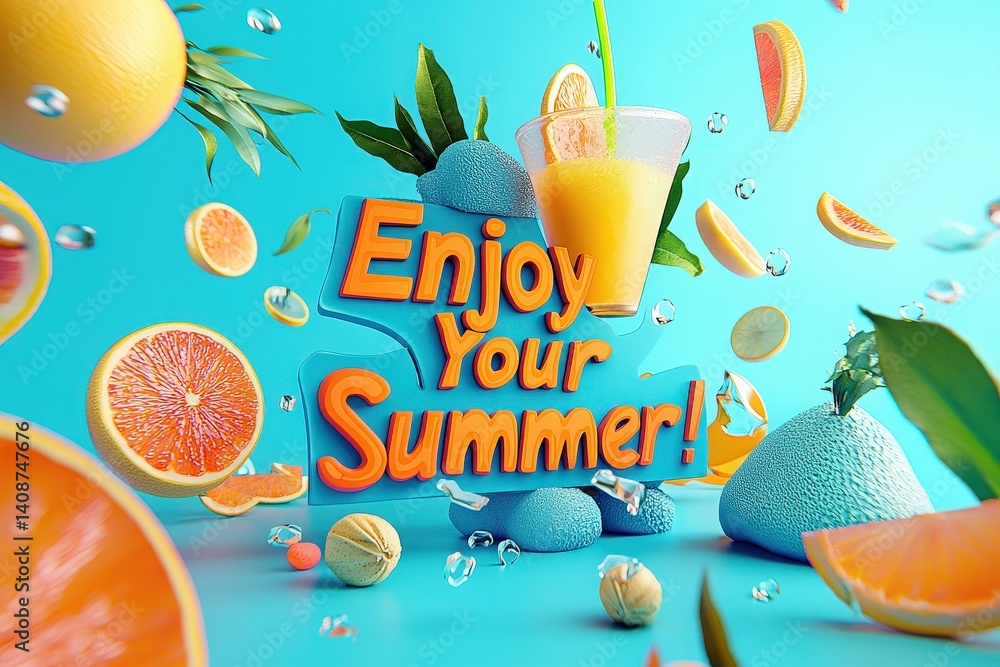 Brightly colored fruits are scattered around a vibrant background with a cheerful message welcoming summer. The scene features oranges, a refreshing drink, and playful textures that convey fun.