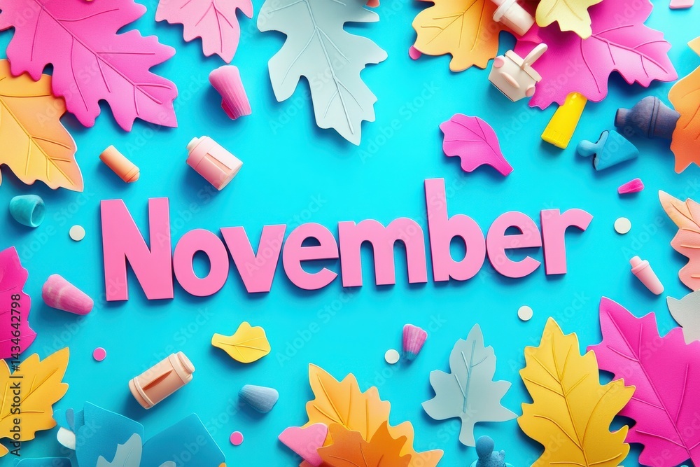 Brightly colored leaves surround the word November, set against a vivid blue background. This display captures the essence of autumn, perfect for seasonal decor or celebrations.