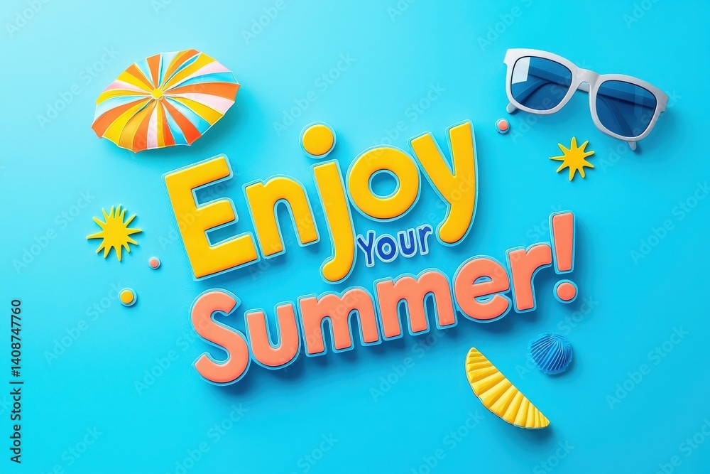 Brightly colored letters spell out a cheerful message about summer, accompanied by playful beach elements like sunglasses, a sunshade, and shells against a light blue backdrop.