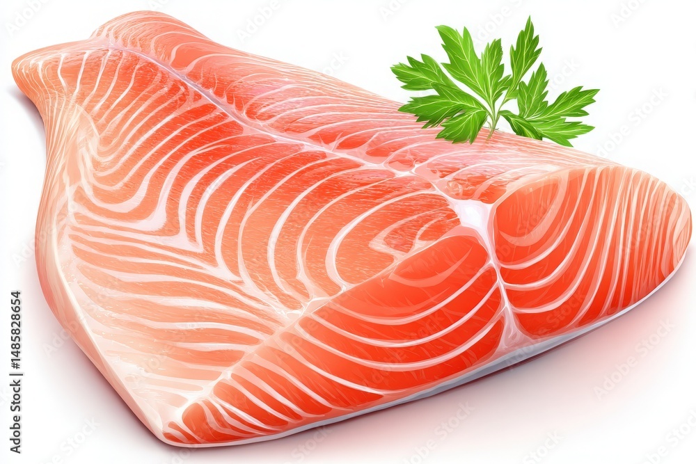 Brightly colored salmon fillet rests on a clean surface, adorned with a sprig of parsley. Its rich texture and hue make it ideal for cooking. Perfect for healthy meal prepping or gourmet dishes.