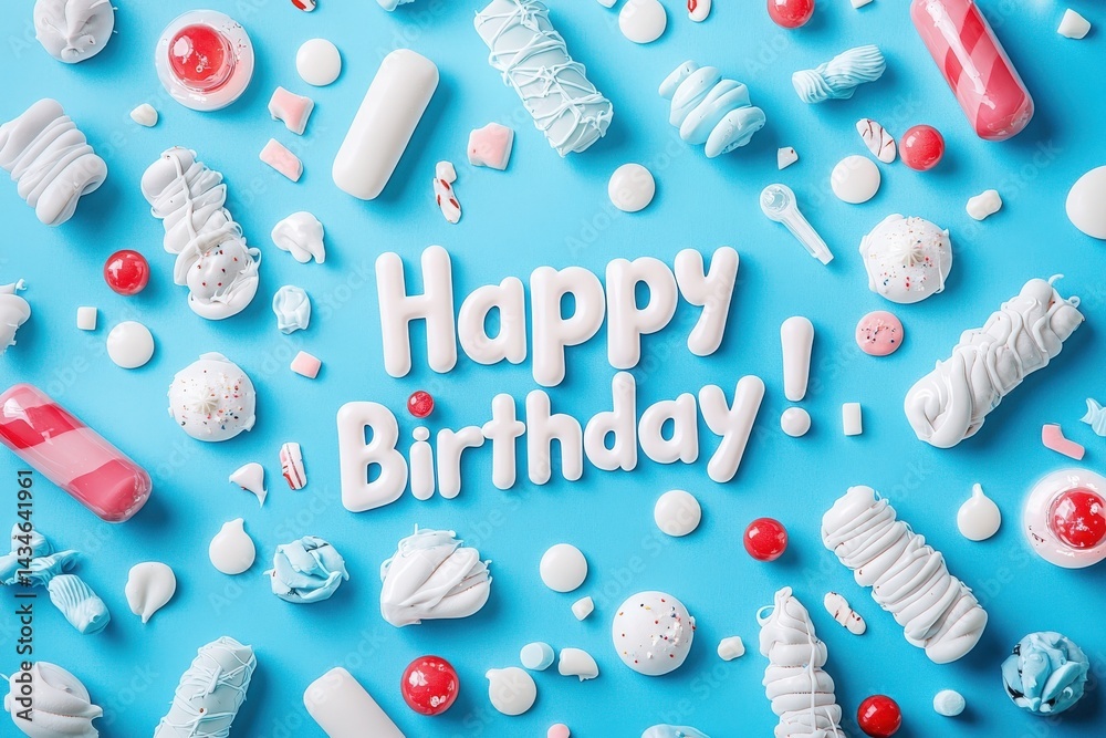 Brightly colored sweets and treats are arranged on a blue surface, featuring various shapes and sizes. The joyful message Happy Birthday stands out among the candy, creating a festive atmosphere.