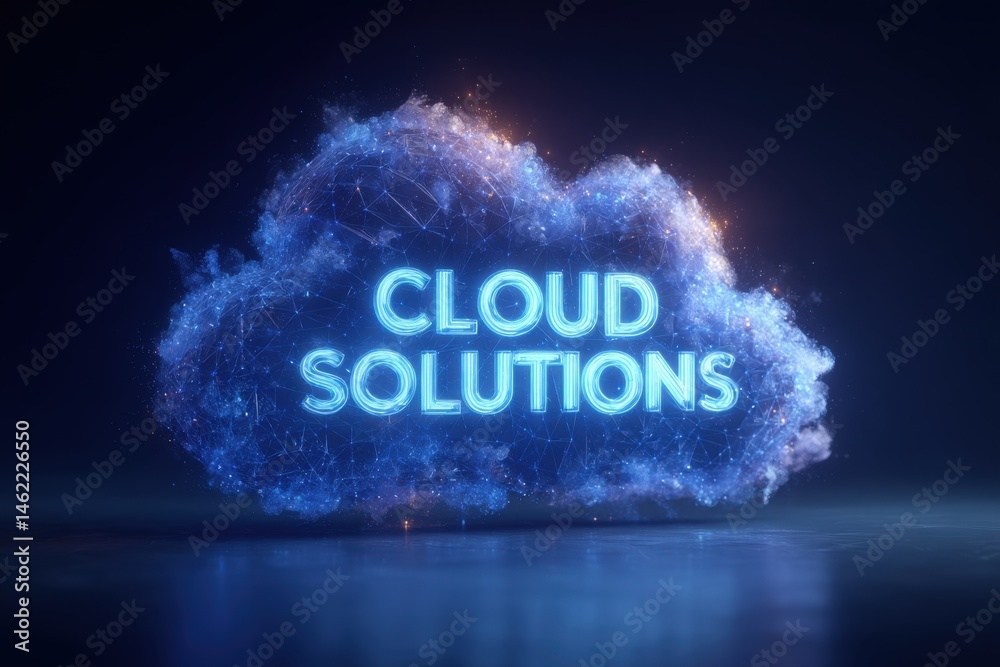 Brightly illuminated text reading Cloud Solutions is showcased against a dark background. The cloud shape is enhanced with digital patterns, symbolizing modern technology and connectivity.