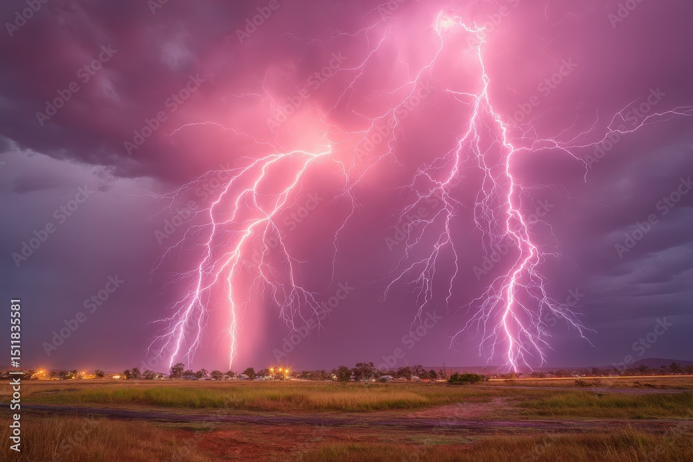 Brilliant flashes of lightning fill the dark sky during an intense thunderstorm, casting a purple hue over the landscape. The storm reveals a serene field with distant lights twinkling.